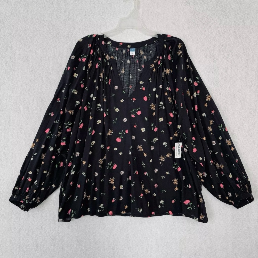 Old Navy Black Floral Boho Poet Blouse Size XL Split V Neck NWT